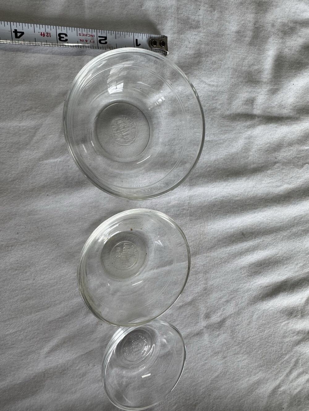 3 Vtg DURALEX Clear Glass Nesting Mixing Bowls Set Made in France 5.5" 4" 2.25"
